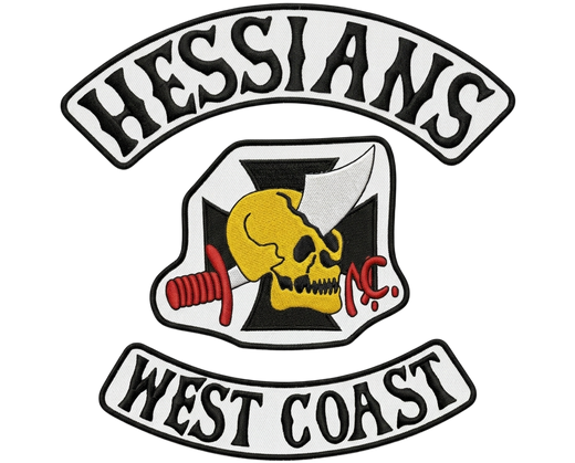 Hessians MC West Coast biker patches with skull and dagger design embroidered