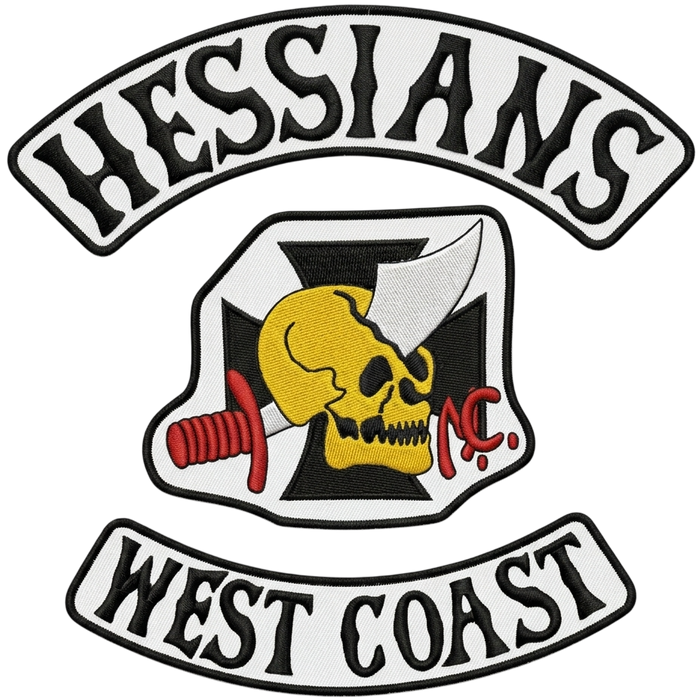 Hessians MC West Coast biker patches with skull and dagger design embroidered