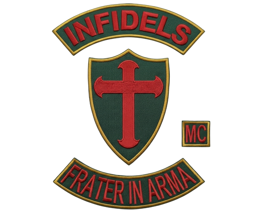 Infidels MC patches 4-piece embroidered set with red cross shield, MC tab and Frater in Arma bottom rocker