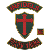 Infidels MC patches 4-piece embroidered set with red cross shield, MC tab and Frater in Arma bottom rocker
