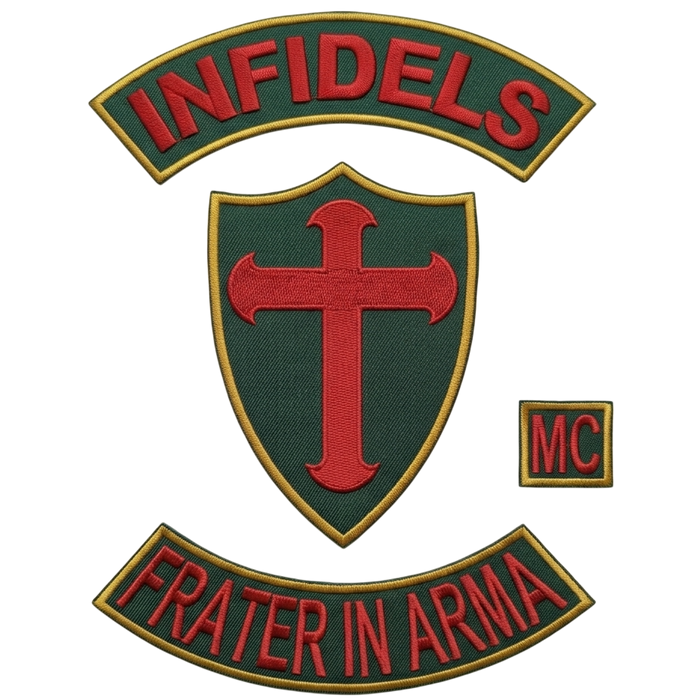 Infidels MC patches 4-piece embroidered set with red cross shield, MC tab and Frater in Arma bottom rocker