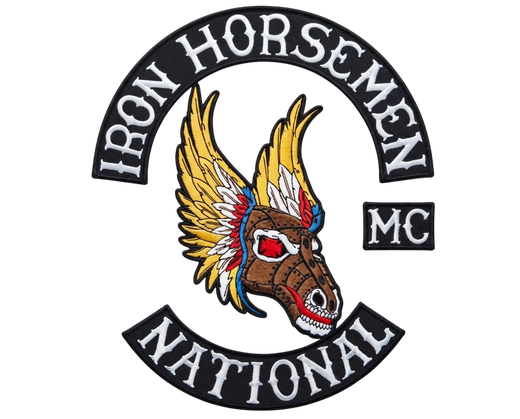 Iron Horsemen motorcycle club patches with winged horse design, IRON HORSEMEN and NATIONAL rockers, black border embroidery
