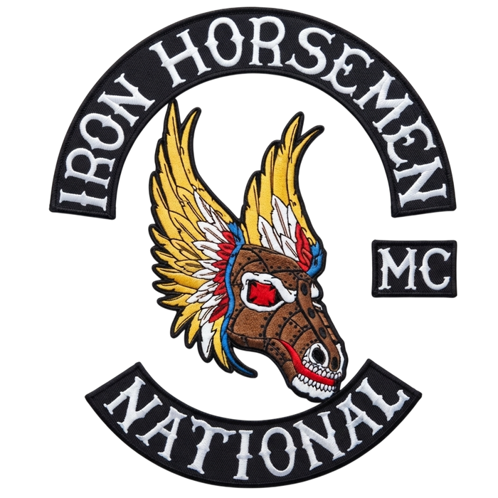 Iron Horsemen motorcycle club patches with winged horse design, IRON HORSEMEN and NATIONAL rockers, black border embroidery