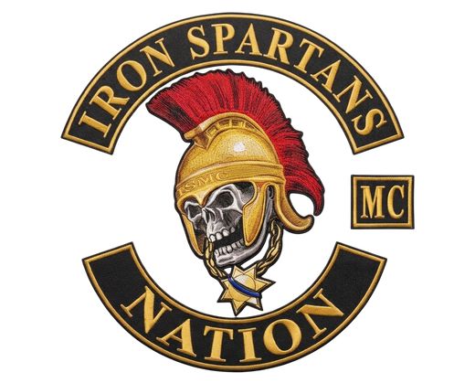 Iron Spartans Nation embroidered motorcycle club patch set with Spartan skull helmet emblem, MC patch and bottom rocker