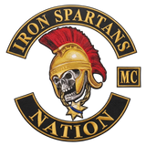 Iron Spartans Nation embroidered motorcycle club patch set with Spartan skull helmet emblem, MC patch and bottom rocker