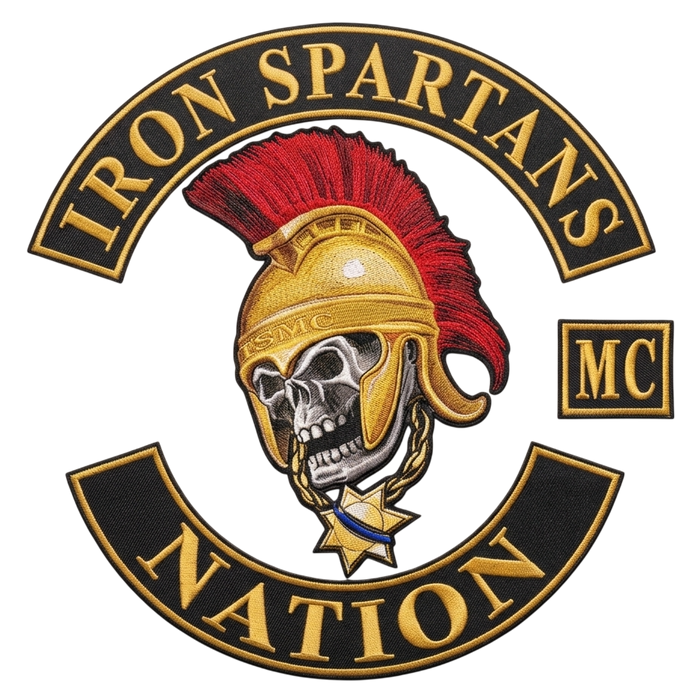 Iron Spartans Nation embroidered motorcycle club patch set with Spartan skull helmet emblem, MC patch and bottom rocker