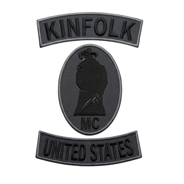 Kinfolk Motorcycle Club patches 3-piece embroidered set with oval MC center patch and United States bottom rocker