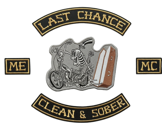 Last Chance MC biker patches with skeleton rider design and Clean & Sober bottom rocker