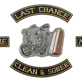 Last Chance MC biker patches with skeleton rider design and Clean & Sober bottom rocker