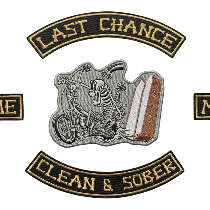 Last Chance MC biker patches with skeleton rider design and Clean & Sober bottom rocker