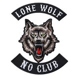 Lone Wolf Patches - embroidered wolf head emblem with Lone Wolf top rocker and No Club bottom rocker
