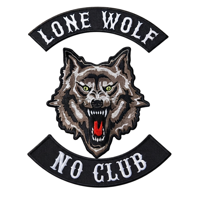 Lone Wolf Patches - embroidered wolf head emblem with Lone Wolf top rocker and No Club bottom rocker