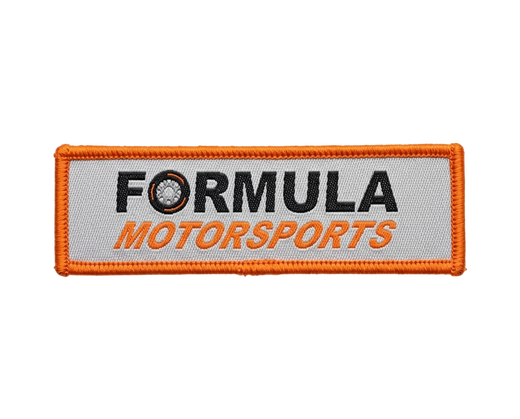 Merrowed edge woven patch - Formula Motorsports rectangular patch with orange border and tire logo