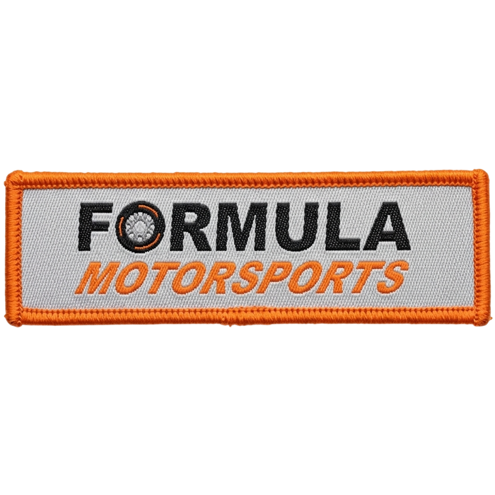 Merrowed edge woven patch - Formula Motorsports rectangular patch with orange border and tire logo