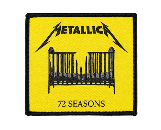 Yellow and black woven patch of Metallica’s “72 Seasons” album art, showing the band logo above a black baby crib with a broken middle.