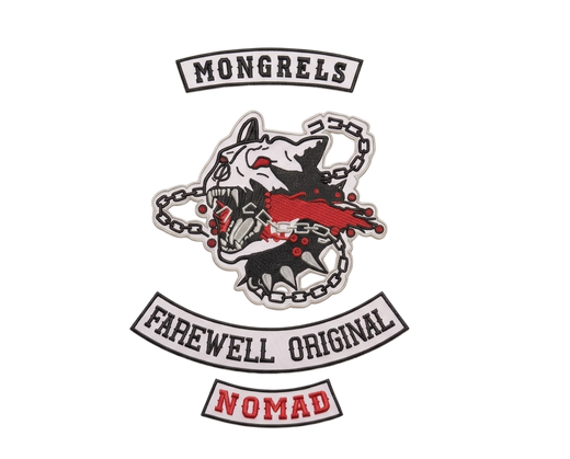 Mongrels Motorcycle Club patches 4-piece embroidered set with chained dog center, Farewell Original and Nomad rockers