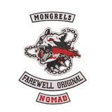 Mongrels Motorcycle Club patches 4-piece embroidered set with chained dog center, Farewell Original and Nomad rockers