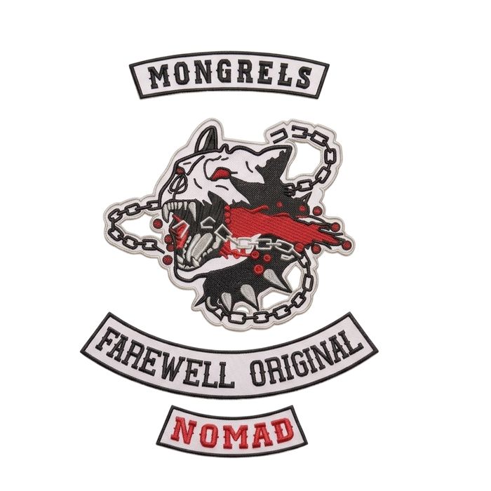 Mongrels Motorcycle Club patches 4-piece embroidered set with chained dog center, Farewell Original and Nomad rockers