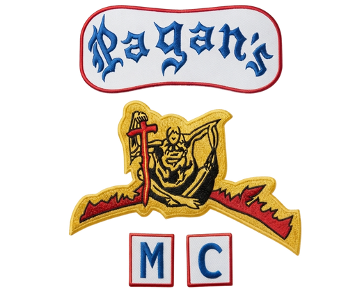 Pagans Motorcycle Club Patches - embroidered top rocker, center emblem, and MC bottom rocker set