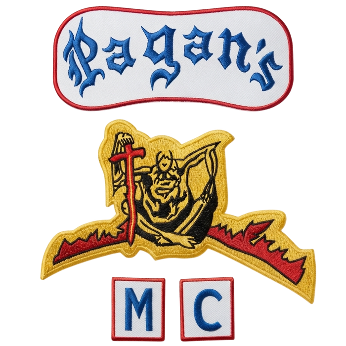 Pagans Motorcycle Club Patches - embroidered top rocker, center emblem, and MC bottom rocker set