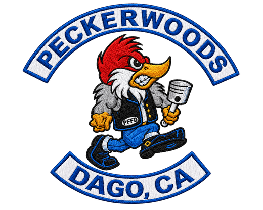 Peckerwoods Dago CA embroidered motorcycle club patch set with cartoon woodpecker holding piston center emblem, top and bottom rockers
