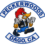 Peckerwoods Dago CA embroidered motorcycle club patch set with cartoon woodpecker holding piston center emblem, top and bottom rockers