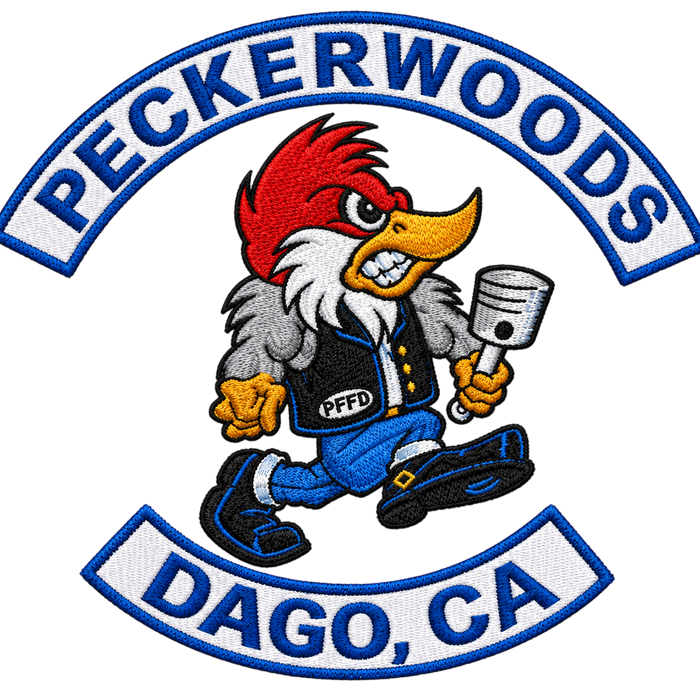 Peckerwoods Dago CA embroidered motorcycle club patch set with cartoon woodpecker holding piston center emblem, top and bottom rockers