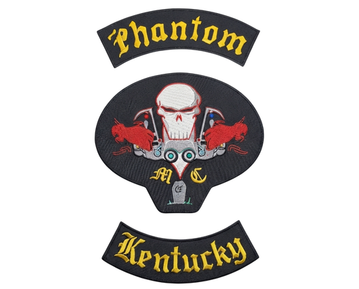 Phantom MC Kentucky motorcycle club patch set with embroidered skull and motorcycle headlight design, top rocker, center patch, and bottom rocker