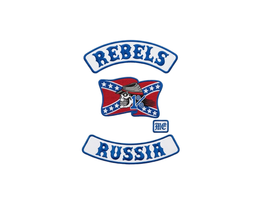 Rebels Motorcycle Club embroidered patch set with top rocker, center flag emblem and Russia bottom rocker patch