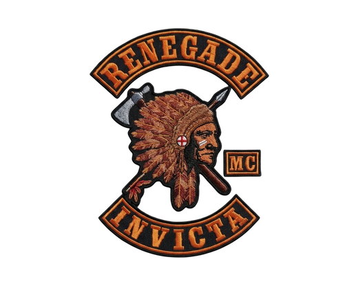 Renegade Invicta embroidered motorcycle club patch set with Native American chief headdress emblem, MC patch and bottom rocker