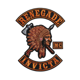 Renegade Invicta embroidered motorcycle club patch set with Native American chief headdress emblem, MC patch and bottom rocker