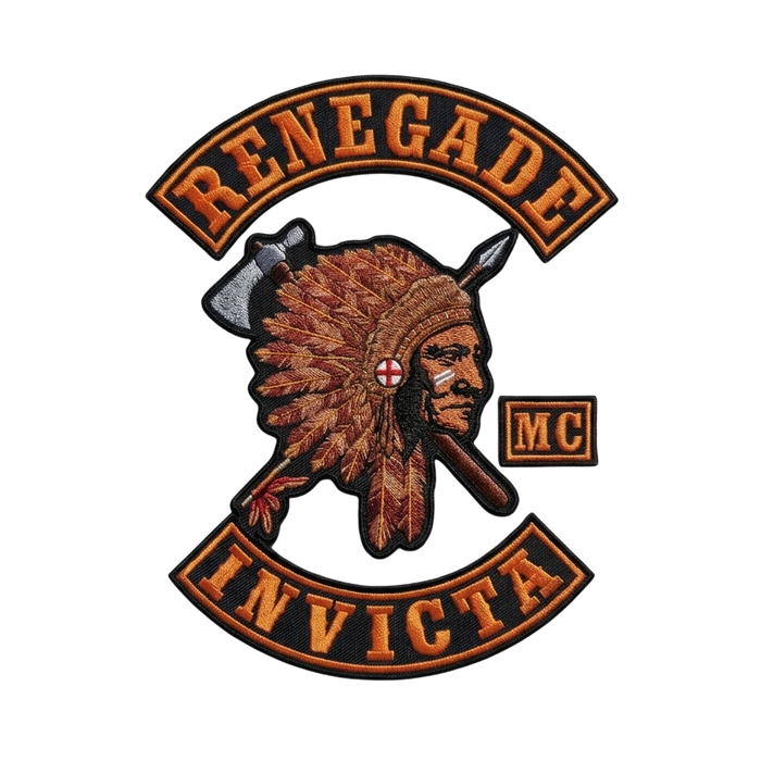 Renegade Invicta embroidered motorcycle club patch set with Native American chief headdress emblem, MC patch and bottom rocker
