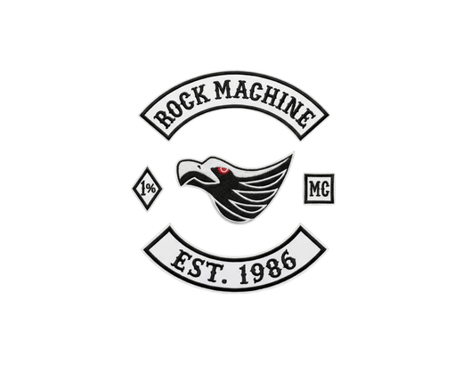Rock Machine MC biker patches with eagle head design, 1% patch and Est 1986 rocker
