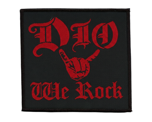 Dio We Rock woven patch with devil horns hand sign design in red on black background
