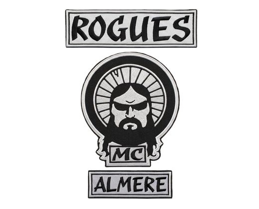 Rogues MC Almere embroidered motorcycle club patch set with bearded man face emblem, top and bottom rockers