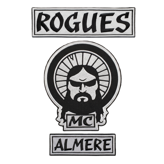 Rogues MC Almere embroidered motorcycle club patch set with bearded man face emblem, top and bottom rockers