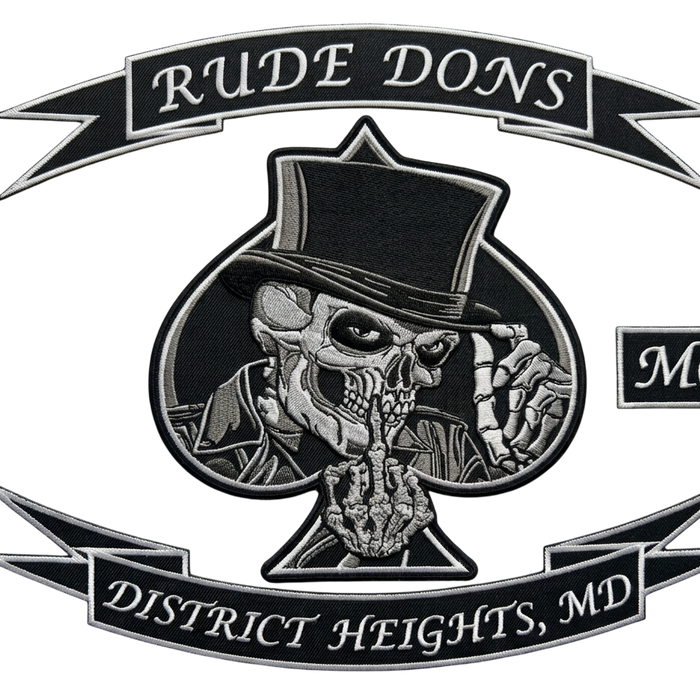 Rude Dons District Heights MD MC embroidered motorcycle vest patch set with skeleton top hat spade - Fineyst Patches