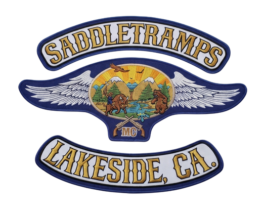 Saddletramps MC Lakeside CA biker patches with eagle and mountain scene design embroidered
