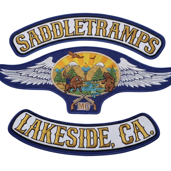 Saddletramps MC Lakeside CA biker patches with eagle and mountain scene design embroidered
