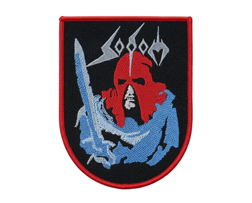Sodom woven patch with red demon face and warrior holding sword design on black background