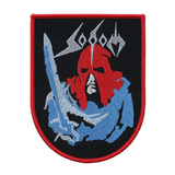 Sodom woven patch with red demon face and warrior holding sword design on black background