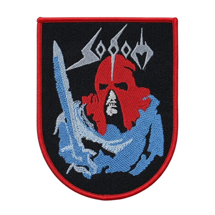 Sodom woven patch with red demon face and warrior holding sword design on black background
