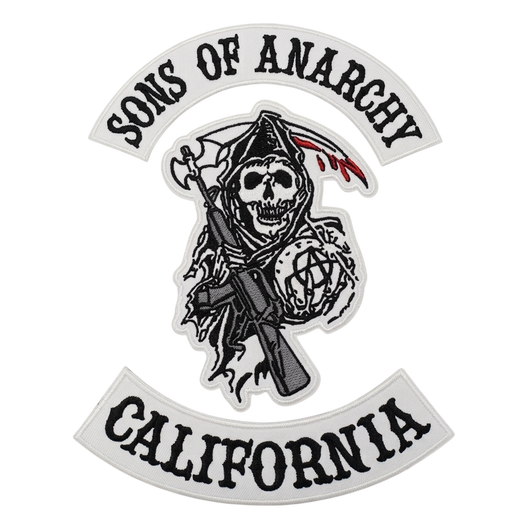 Custom embroidered Sons Of Anarchy style back patch set in white and black for motorcycle club vests and jackets