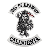 Custom embroidered Sons Of Anarchy style back patch set in white and black for motorcycle club vests and jackets