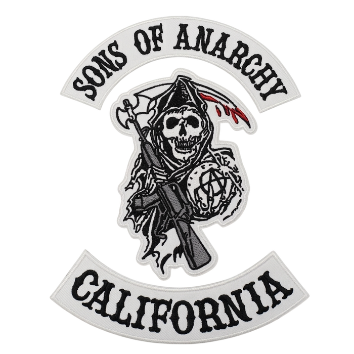 Custom embroidered Sons Of Anarchy style back patch set in white and black for motorcycle club vests and jackets