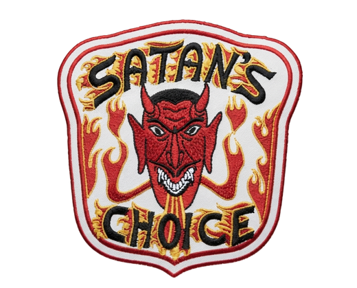 Satan's Choice embroidered motorcycle club patch with red devil face and flame design on white background