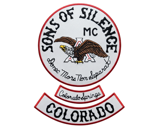 Sons of Silence motorcycle club patches with Colorado rockers