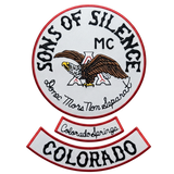 Sons of Silence motorcycle club patches with Colorado rockers
