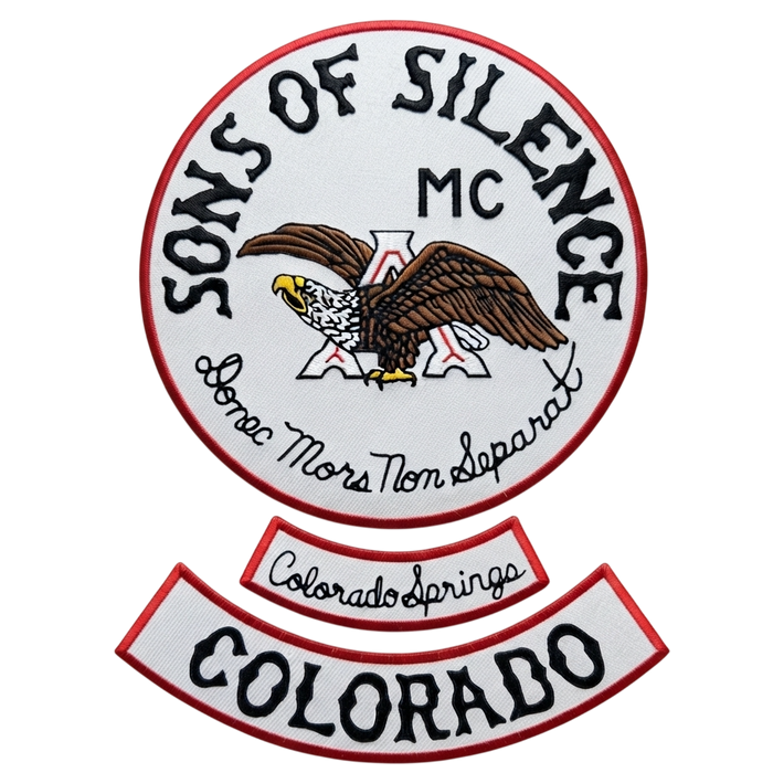 Sons of Silence motorcycle club patches with Colorado rockers
