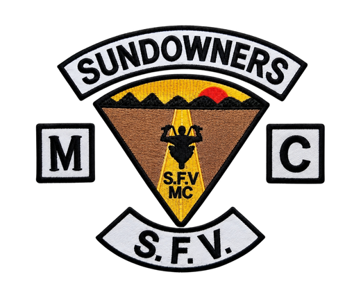 Sundowners SFV MC embroidered motorcycle club patch set with sunset road rider emblem, M and C side patches and bottom rocker